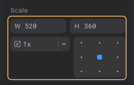 Scale controls with width, height, scale factor, and anchor point outlined