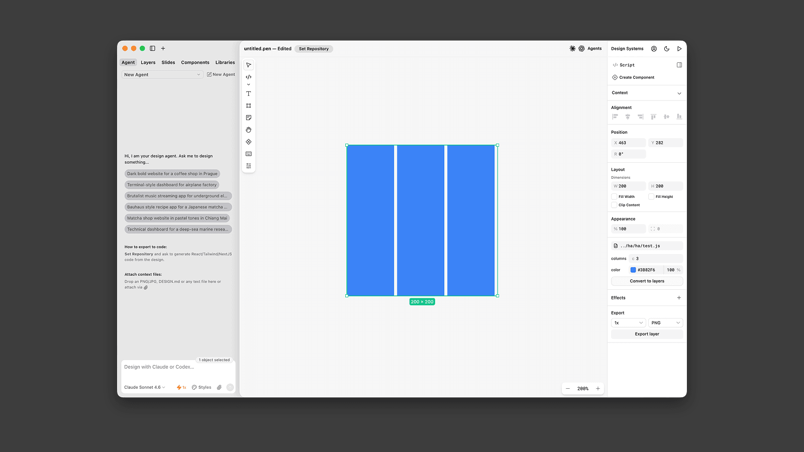 Three blue columns rendered inside a script node on the pen.dev canvas
